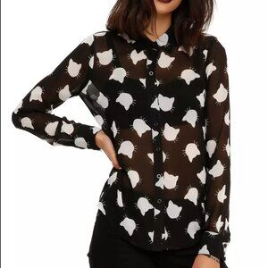 Hot Topic XSmall Chiffon Cat Print Button Down Collared Blouse Long Sleeve Top